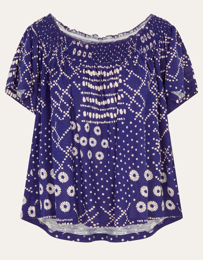 Cindy Print Bardot Top, Blue (BLUE), large