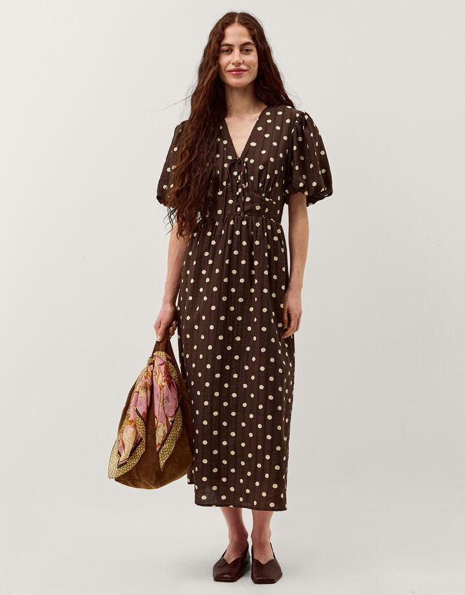 Paris Puff Sleeve Polka Dot Midi Dress Brown | Day Dresses | Monsoon UK.