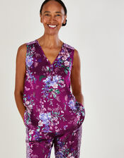 Floral Print Satin Pyjama Top in Recycled Polyester, Red (BERRY), large