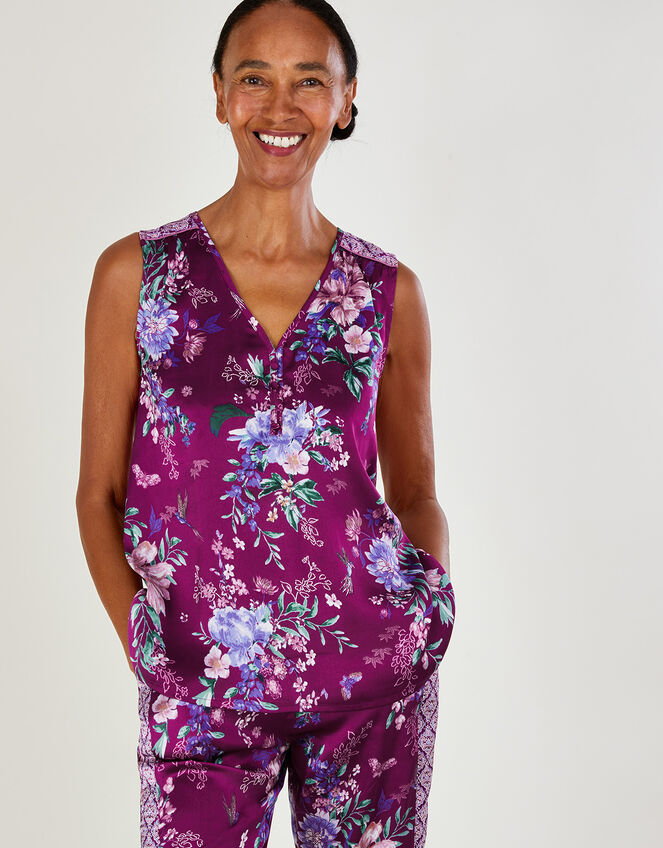 Floral Print Satin Pyjama Top in Recycled Polyester, Red (BERRY), large