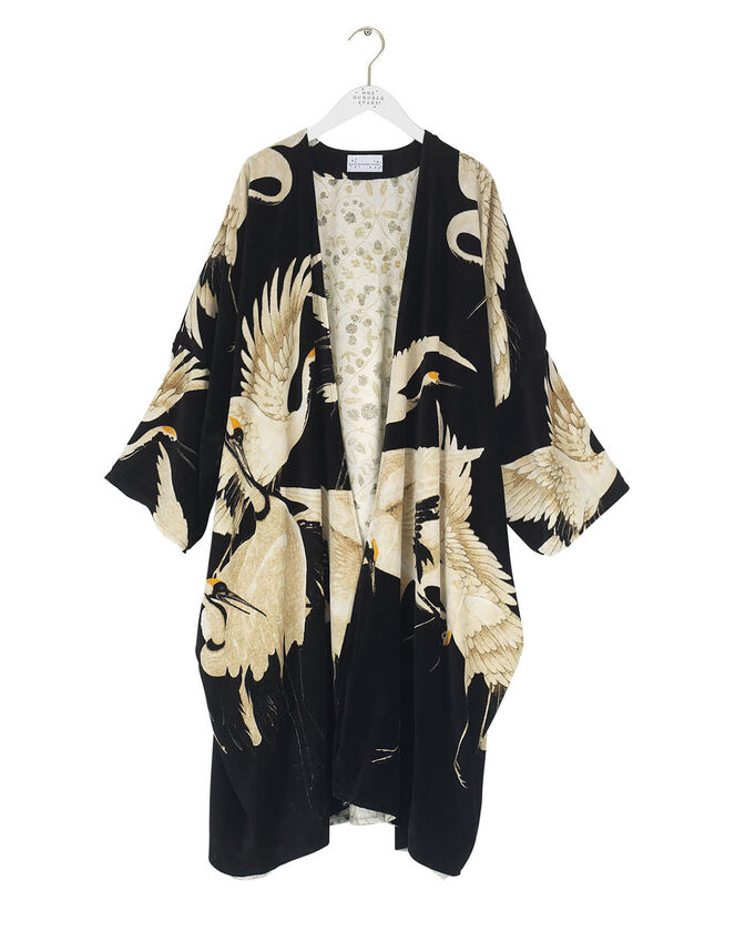 One Hundred Stars Velvet Stork Print Kimono, , large