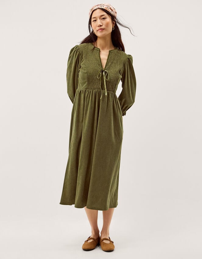 Sara Smocked Corduroy Midi Dress, Green (KHAKI), large