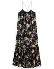 Scotch and Soda Print Tiered Maxi Dress Shorter Length, Black (BLACK), large