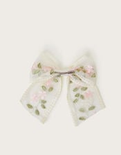 Floral Embroidered Bow Hair Clip, , large