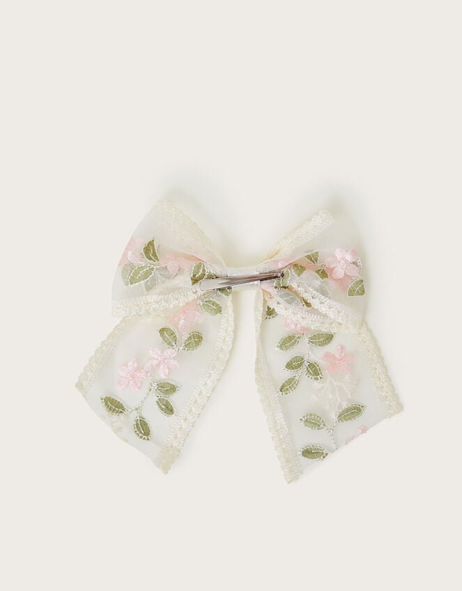 Floral Embroidered Bow Hair Clip, , large