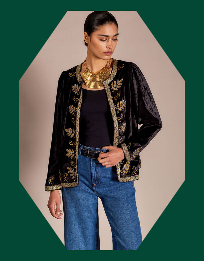 East Zola Embroidered Velvet Jacket, Black (BLACK), large