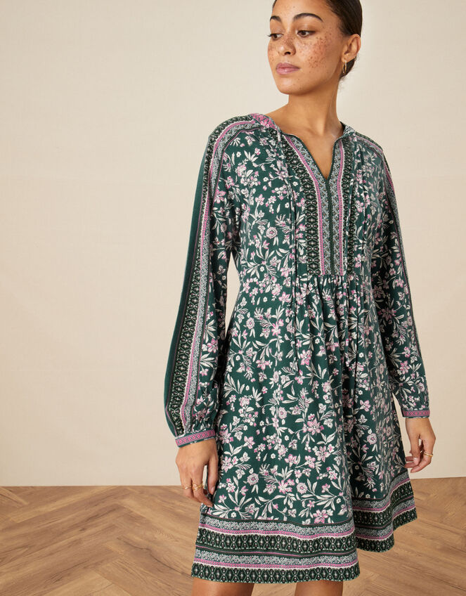 Floral Print Bead Jersey Short Dress, Green (GREEN), large
