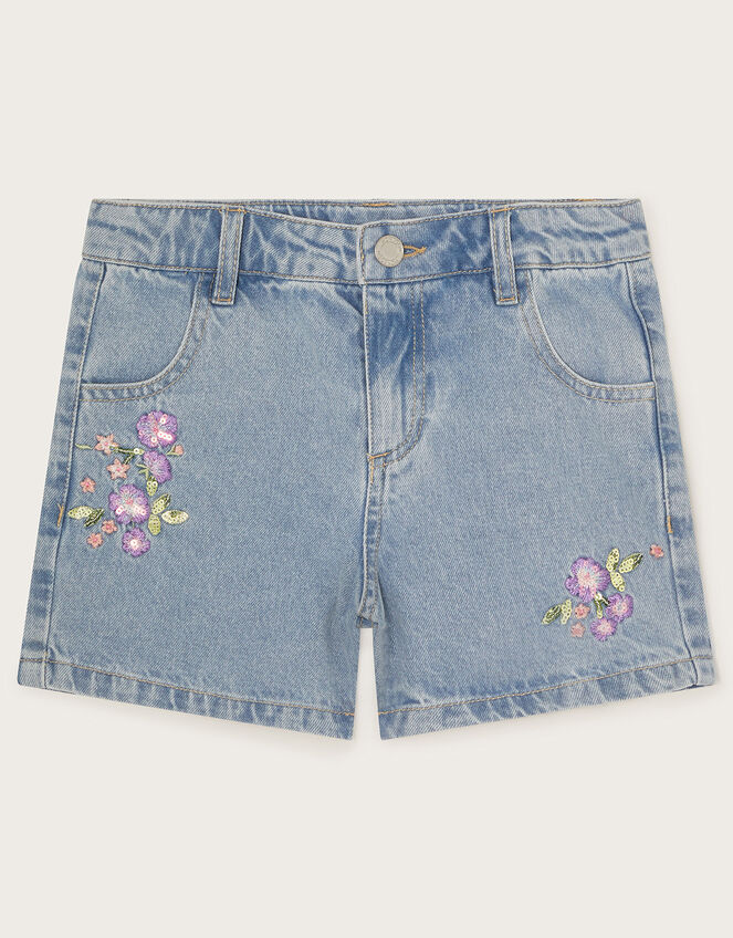 Floral Embellished Denim Shorts, Blue (BLUE), large