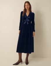 Britney V-Neck Bow Velvet Midi Dress, Blue (MIDNIGHT), large