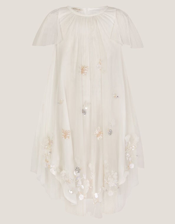 Butterfly Embellished Short Sleeve Swing Dress, Ivory (IVORY), large