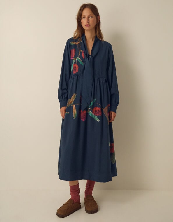 East Freddie Tie Neck Floral Placement Print Midi Dress, Blue (NAVY), large