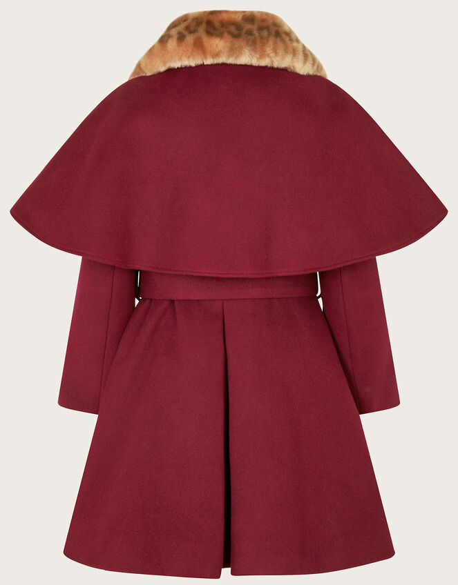 Belted Cape Style Smart Coat, Red (BURGUNDY), large