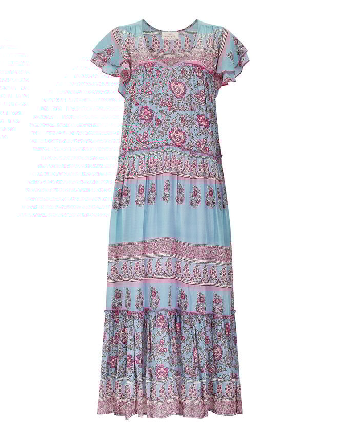 East Print Frill Sleeve Dress, Blue (AQUA), large