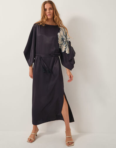 Emilia Floral Satin Kimono Dress, Black (BLACK), large