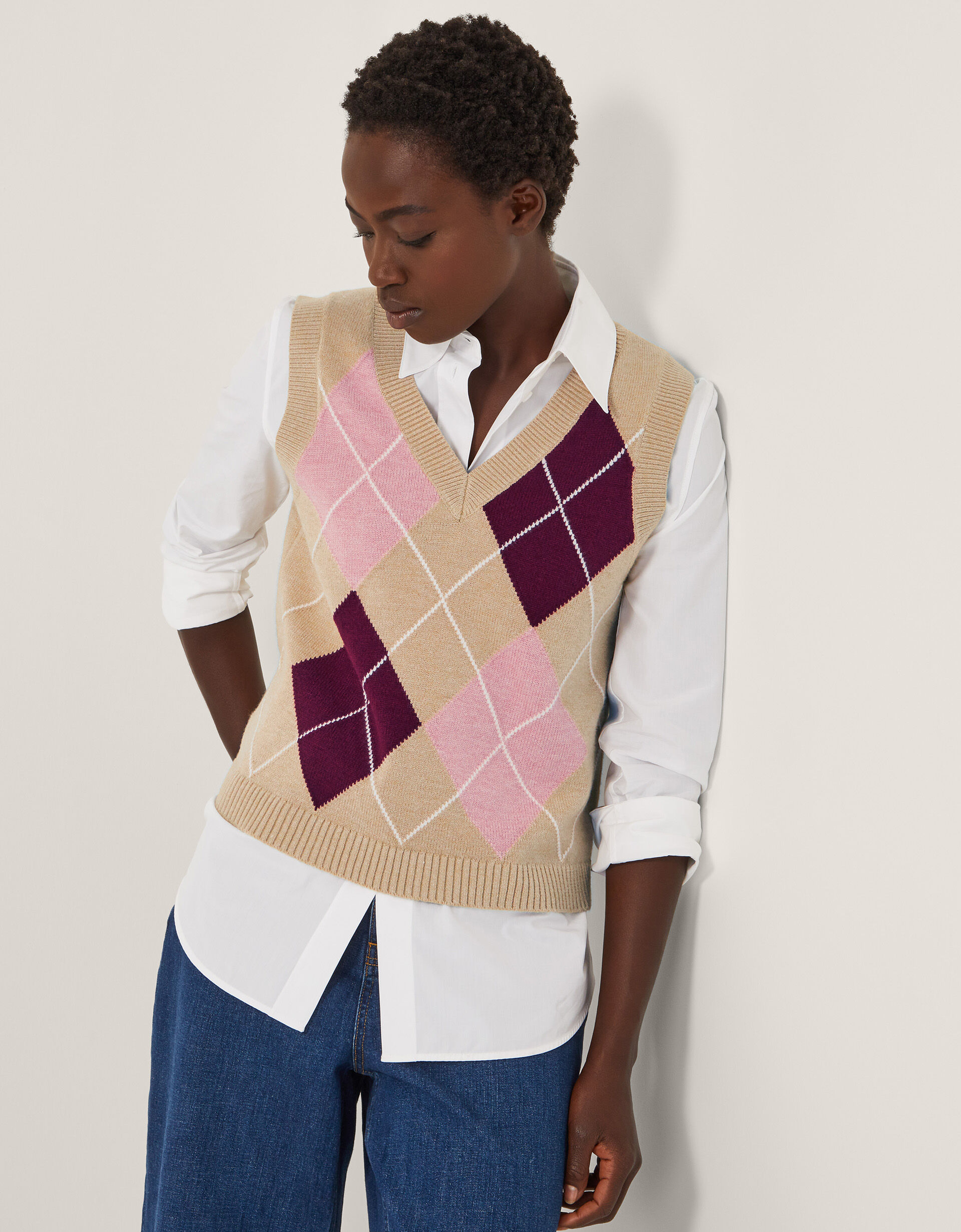 Anne Sleeveless Argyle Knitted Vest Camel