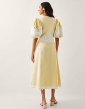 Nancy Applique Puff-Sleeve Midi Dress, Yellow (YELLOW), large