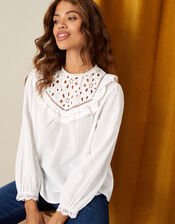 Frill Bib Blouse in Pure Cotton, Ivory (IVORY), large