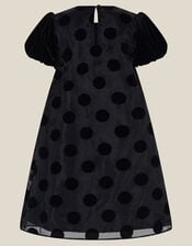 Flossie Puff Sleeve Polka Dot Party Dress, Black (BLACK), large