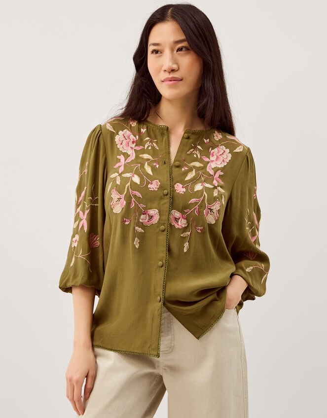 Amelie Floral Embroidered Blouse, Green (OLIVE), large