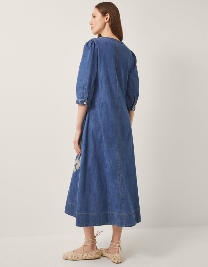 Fallon Floral Embroidered Denim Midi Dress, Blue (DENIM BLUE), large