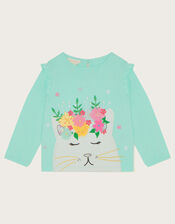 Baby Floral Cat Long Sleeve Top, Blue (AQUA), large