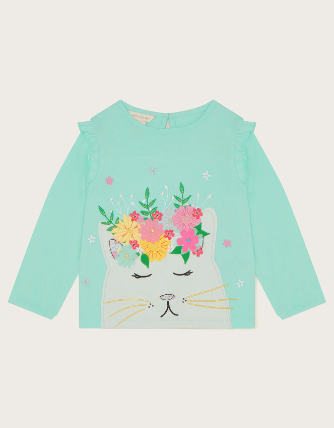 Baby Floral Cat Long Sleeve Top, Blue (AQUA), large