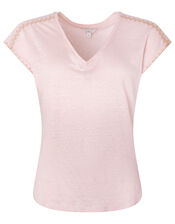 Liza Metallic Stitching T-shirt in Pure Linen, Pink (BLUSH), large