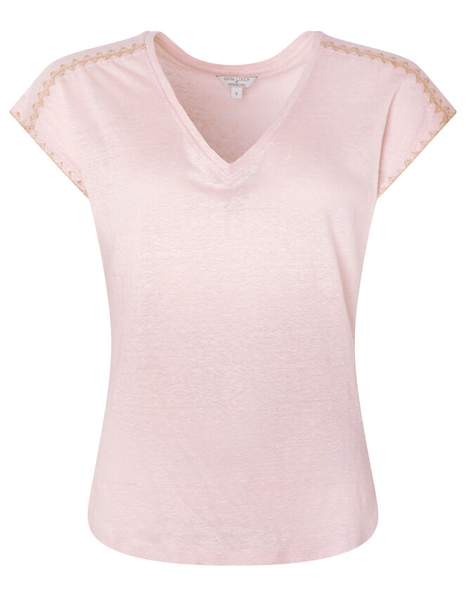 Liza Metallic Stitching T-shirt in Pure Linen, Pink (BLUSH), large