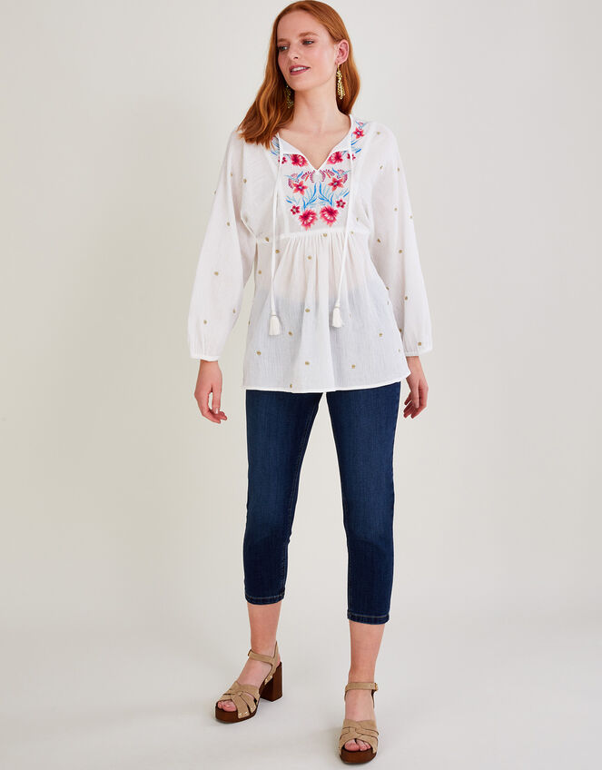 Embroidered Long Sleeve Tunic Top in Sustainable Cotton White | Tops ...