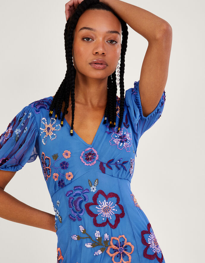 Audra Embroidery Midi Dress in Blue