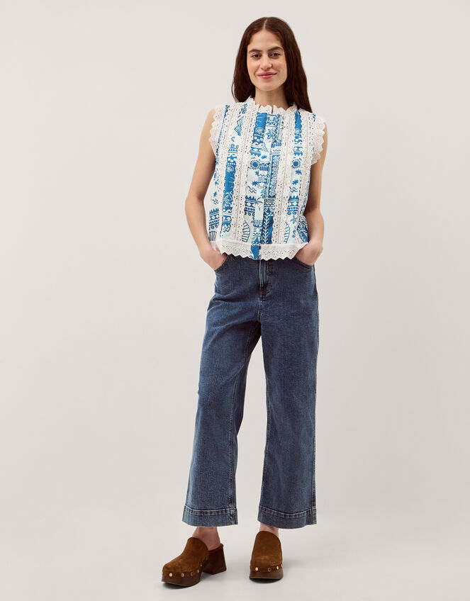 Soleil Print Lace Tank Top Blue