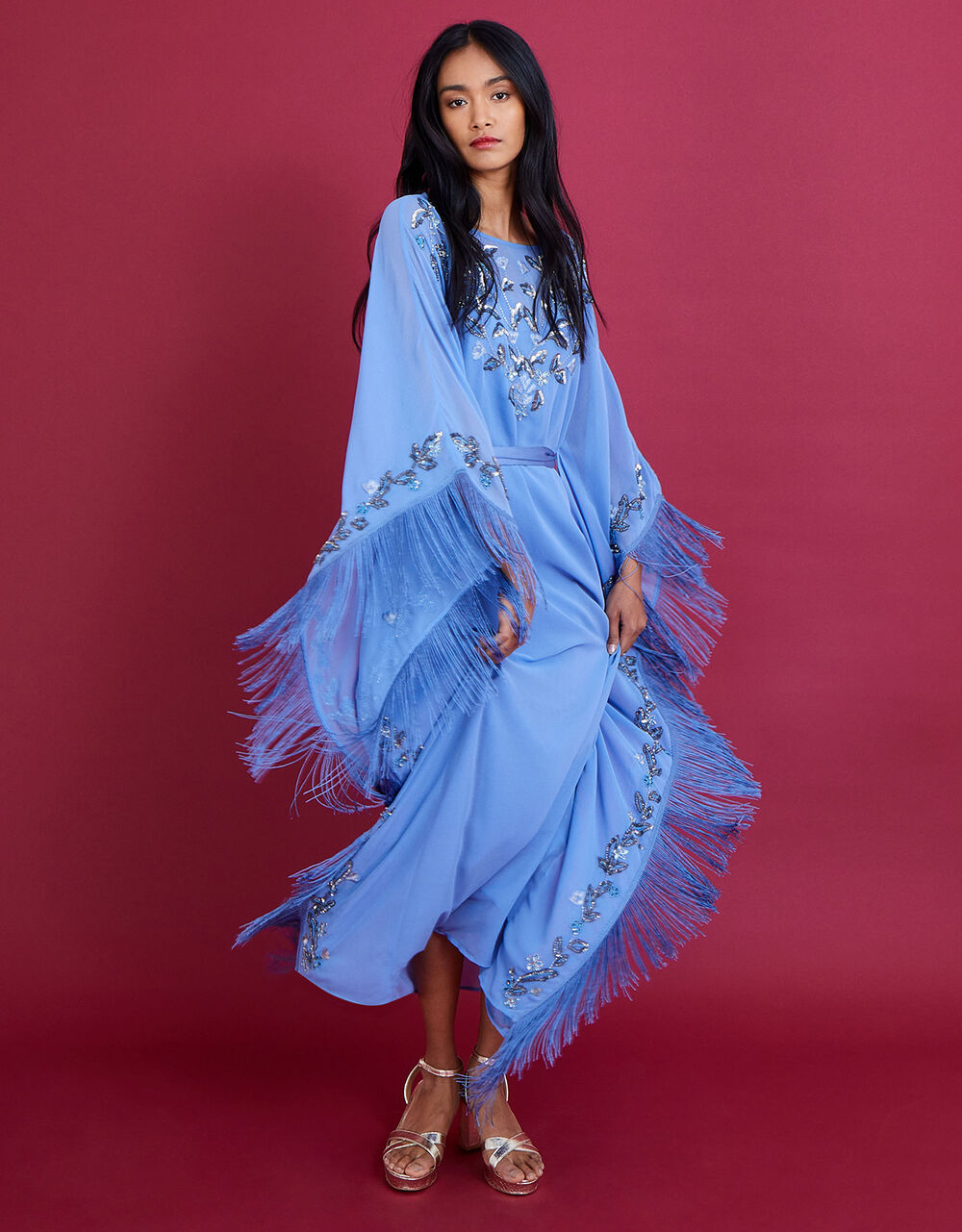 Women Dresses | Emma Embellished Fringe Kaftan Dress in Recycled Polyester Blue - MS28508