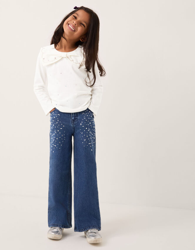 Heat Seal Jewel Wide Leg Jeans, Blue (BLUE), large