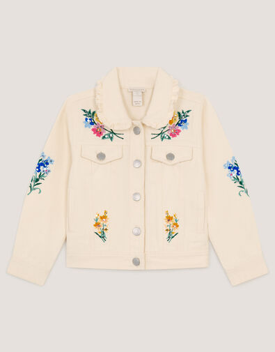 Embellished Floral Denim Jacket, Ivory (IVORY), large