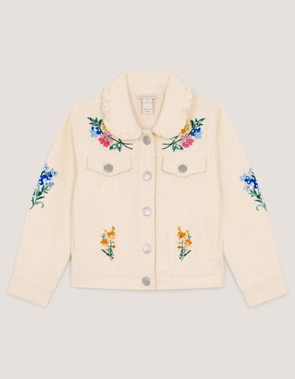 Embellished Floral Denim Jacket, Ivory (IVORY), large