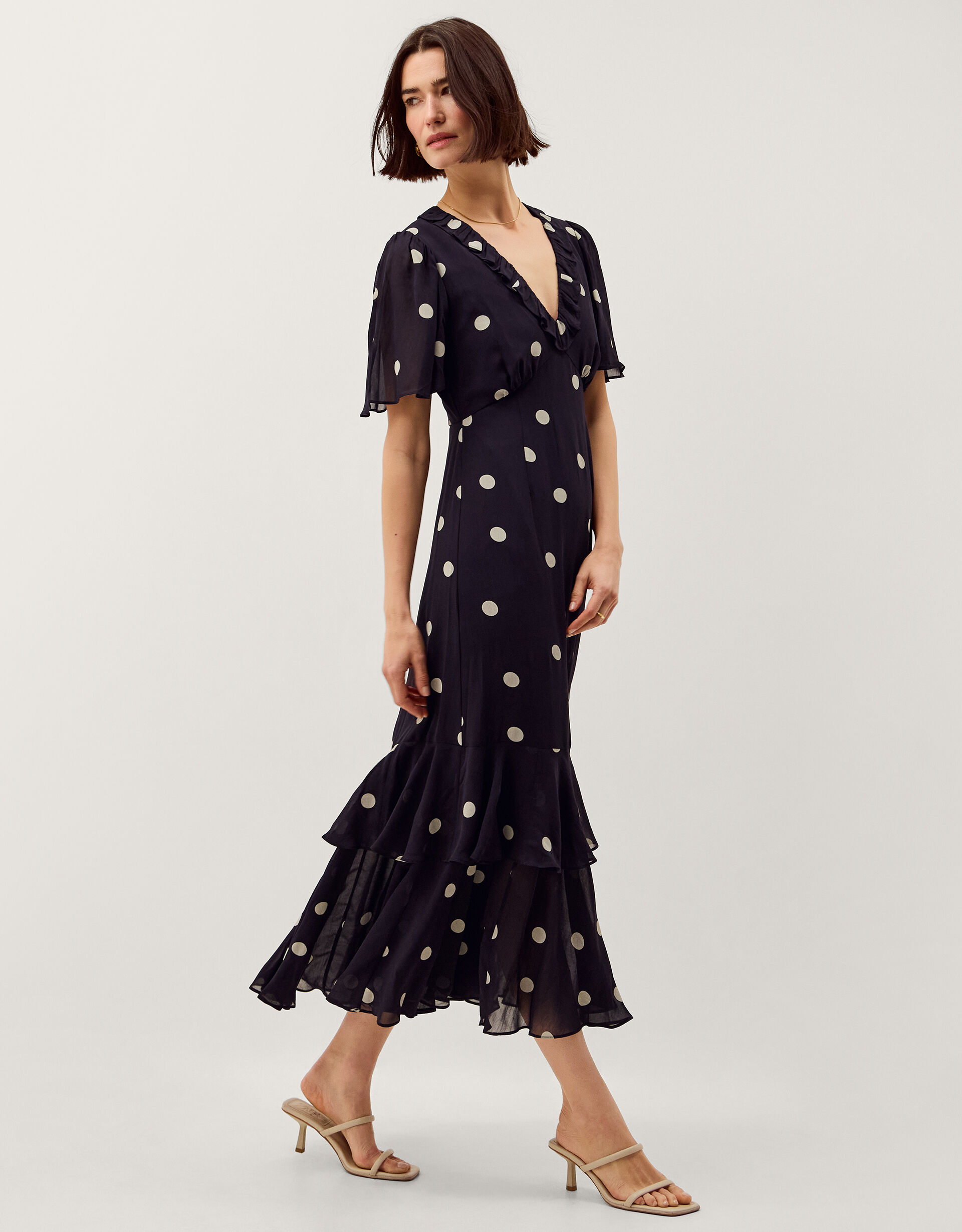 Rowena Polka Dot Ruffle Midi Dress Blue