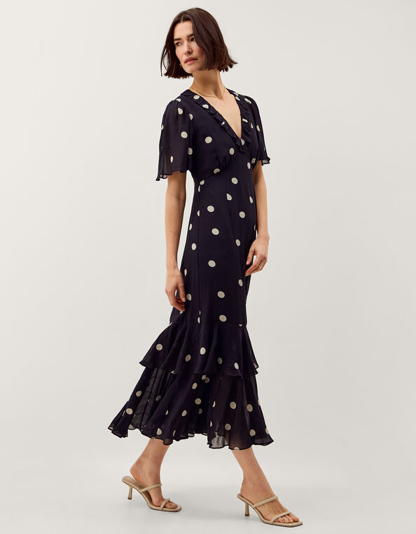 Rowena Polka Dot Ruffle Midi Dress, Blue (NAVY), large