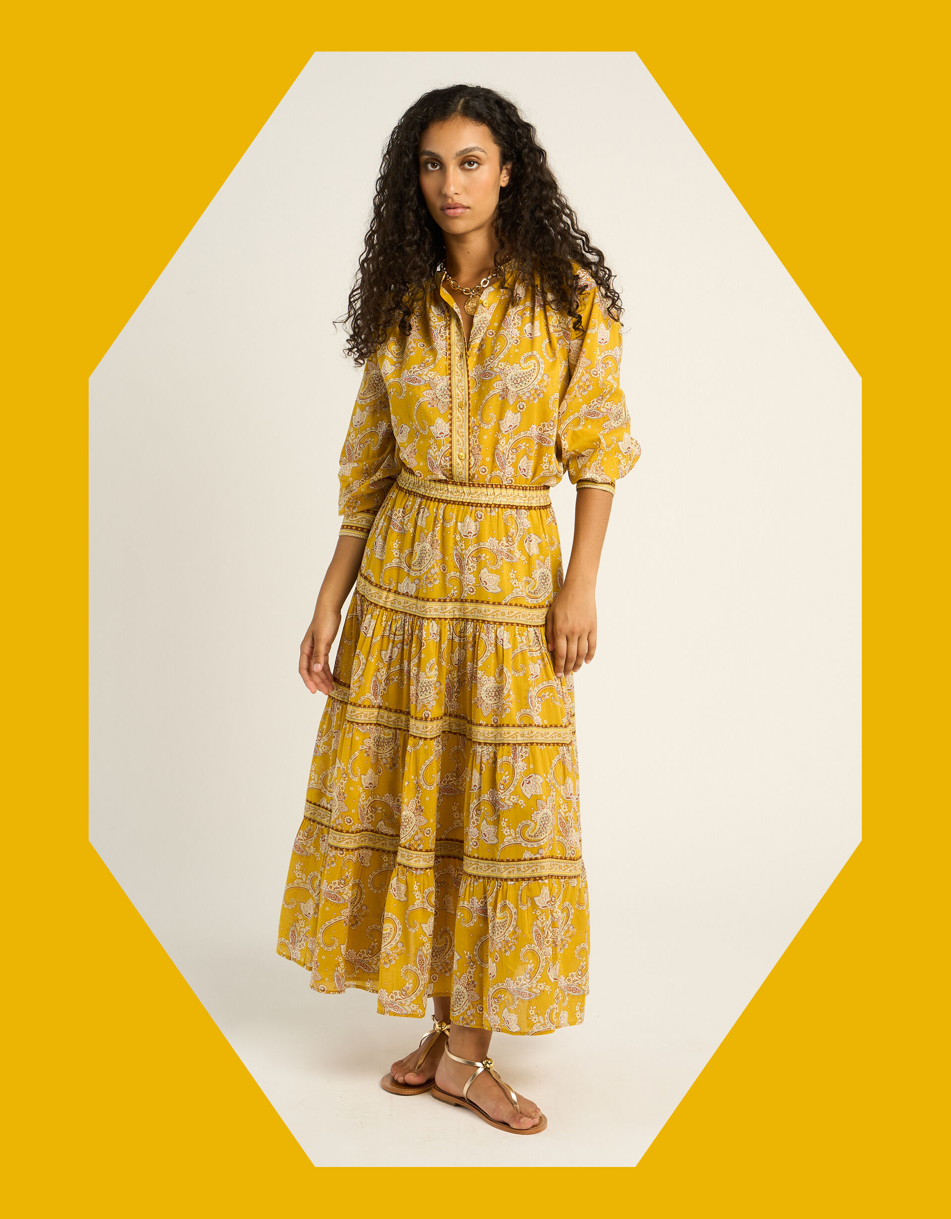 Petite Mendigote Jill Paisley Tiered Midi Skirt Yellow