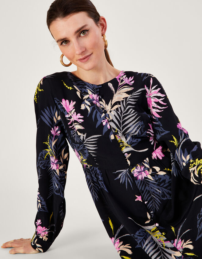 Elsie Printed Tea Dress in Sustainable Viscose, Black (BLACK), large