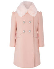 Scallop Trim Double-Breasted Coat, Pink (PINK), large