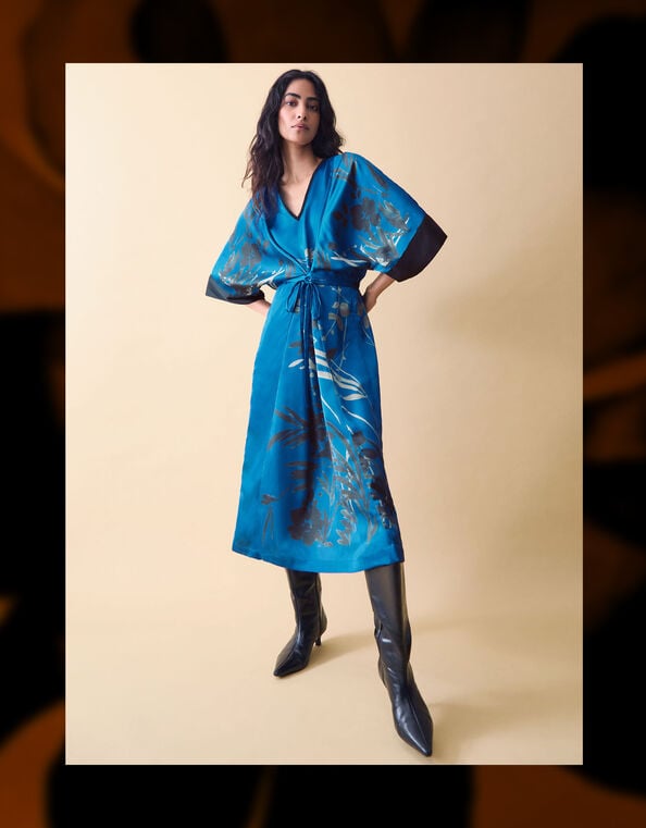 Clemence Lian Floral Print Kimono Dress, Blue (BLUE), large