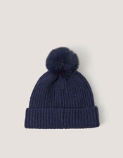 Velvet Bow Beanie Hat, Blue (NAVY), large