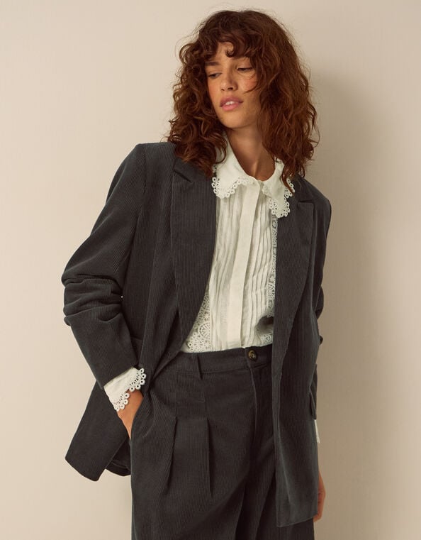 Nia Single Breasted Corduroy Blazer, Grey (GREY), large