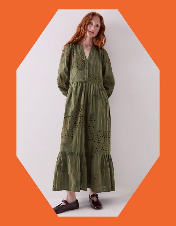 East Tasia Patchwork Broderie Maxi Dress, Green (OLIVE), large