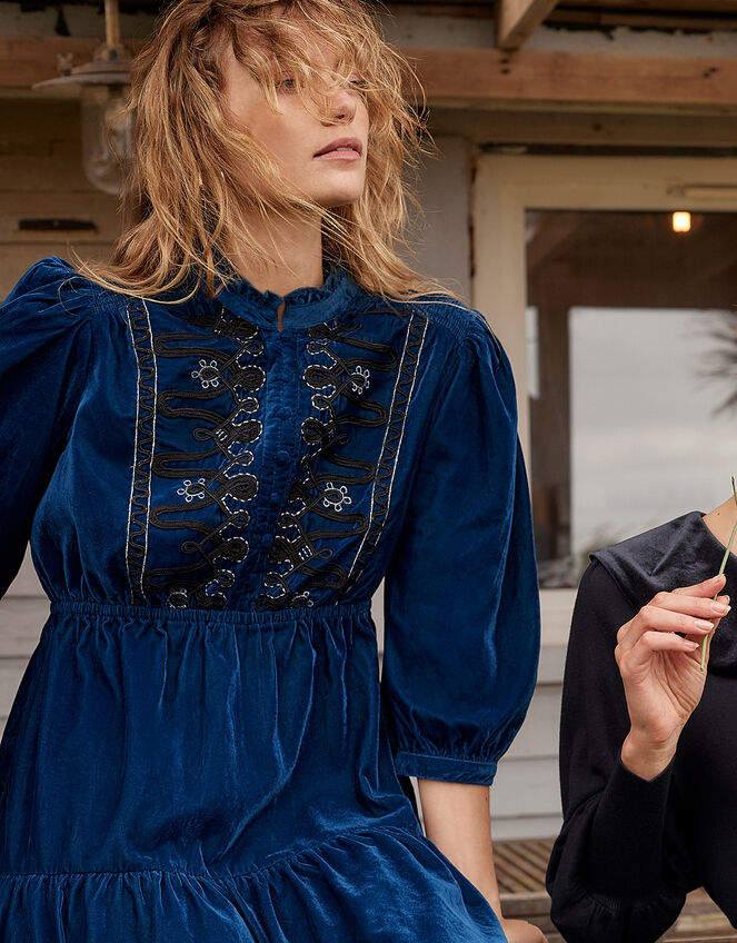 Military Embroidered Velvet Dress, Blue (BLUE), large