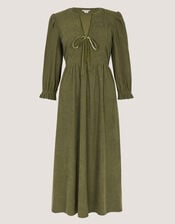 Sara Smocked Corduroy Midi Dress, Green (KHAKI), large
