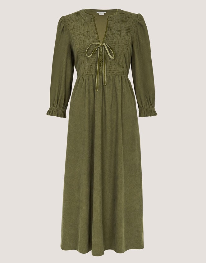 Sara Smocked Corduroy Midi Dress, Green (KHAKI), large