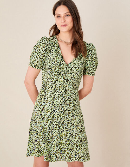 Frill Collar Animal Print Dress, Green (GREEN), large