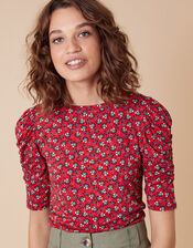 Printed Jersey Puff Sleeve Top, Red (RED), large