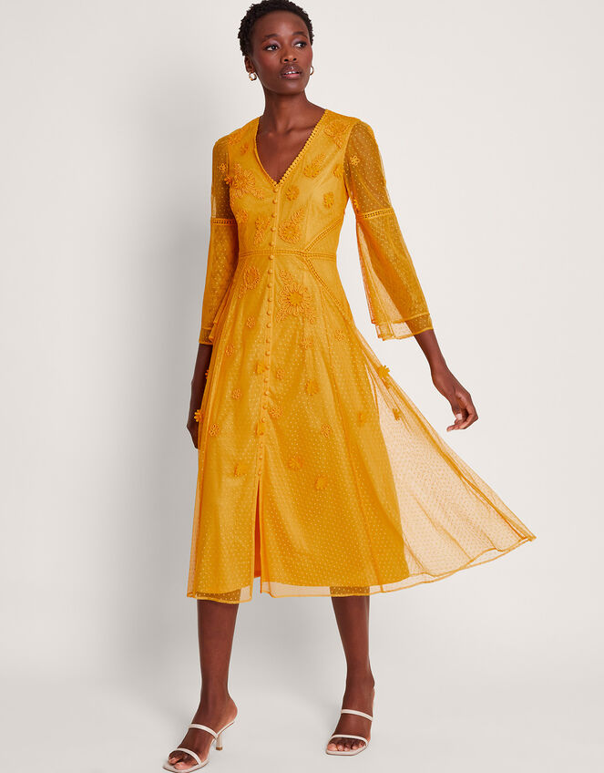 Alba Embroidered Tea Dress, Yellow (YELLOW), large